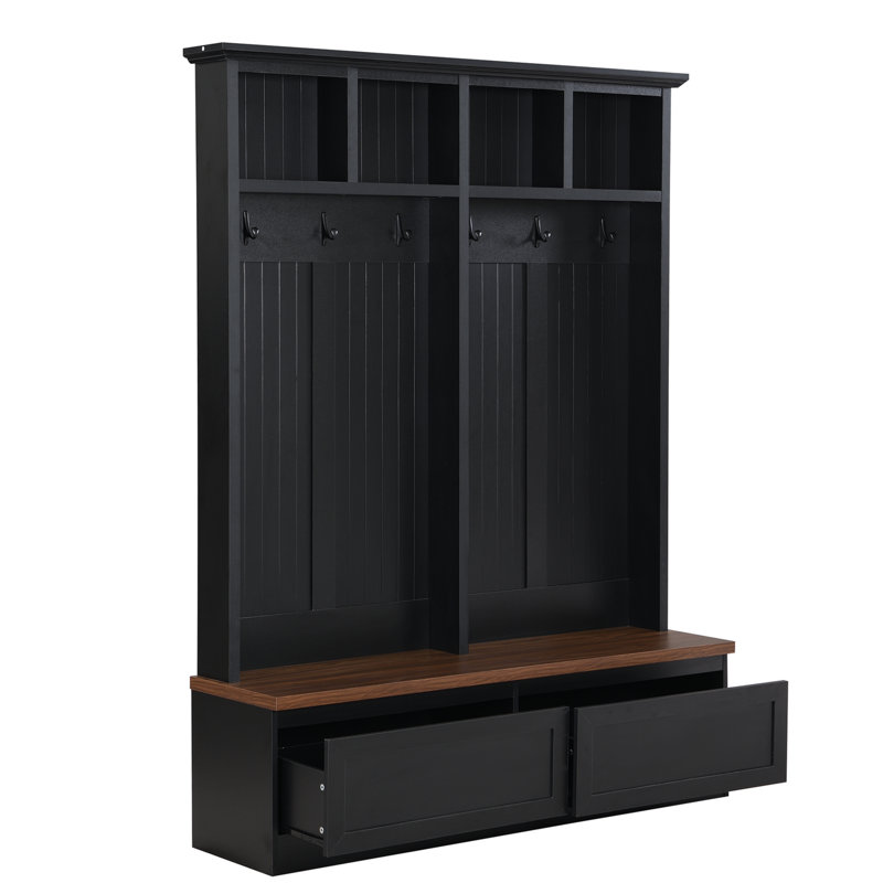 Portemanteau 4-en-1 Farmhouse avec banc à grain de bois, portemanteau polyvalent Mudroom, Black