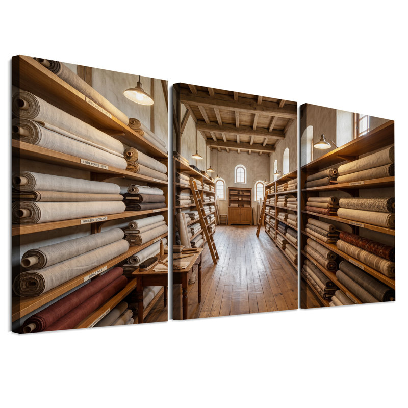 Rouleaux de tissu vintage sur étagères en bois - Ensemble de 3 tableaux sur toile, H 30 po x l 20 po x 3 pièces
