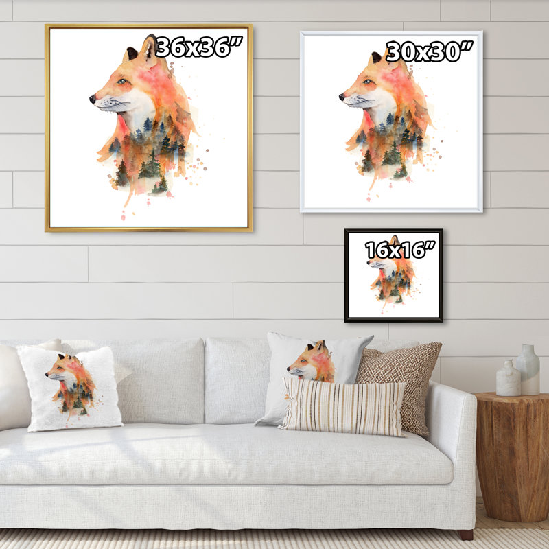 Dessin de renard orange - décoration murale traditionnelle sur toile, H 36 po x l 36 po x P 1,5 po, Cadre flottant noir
