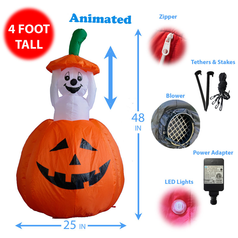 Décoration de jardin gonflable illuminée de 4 pieds avec citrouille et joyeux Halloween