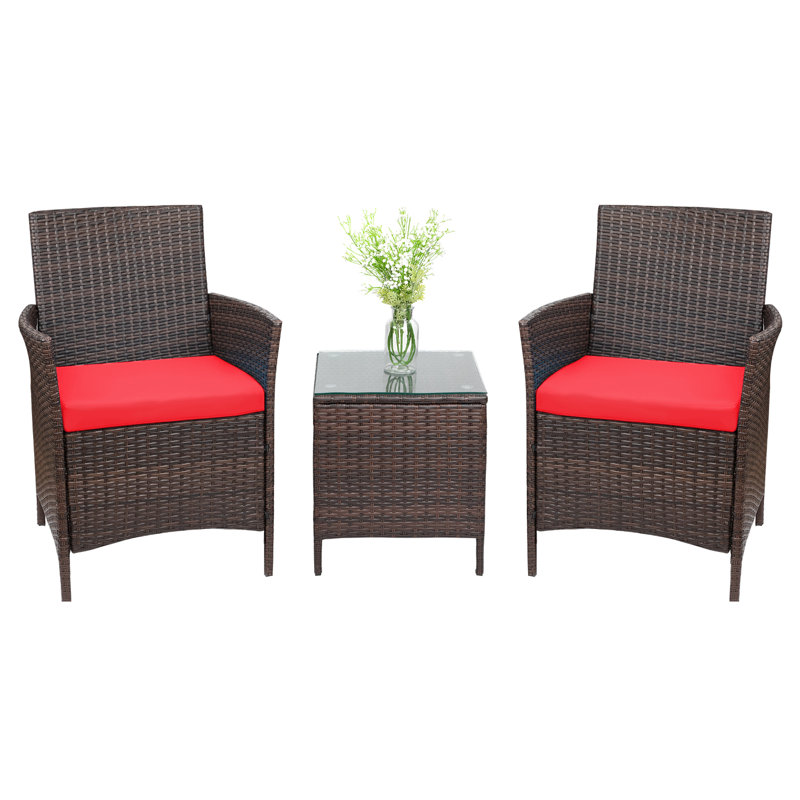 Ensemble de conversation en rotin 3 pièces avec coussins Elkview, Structure brune / coussin rouge, Brun