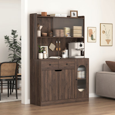 71"Tall Kitchen Pantry Storage Cabinet, Large Capacity Display Cabinet With Reeded Glass Doors And Microwave Stand, Bakers Racks With Storage For Kitc