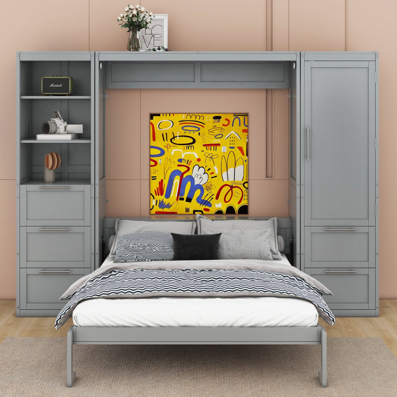  Grand lit escamotable Polsky avec placard, tiroirs et tablettes, gris