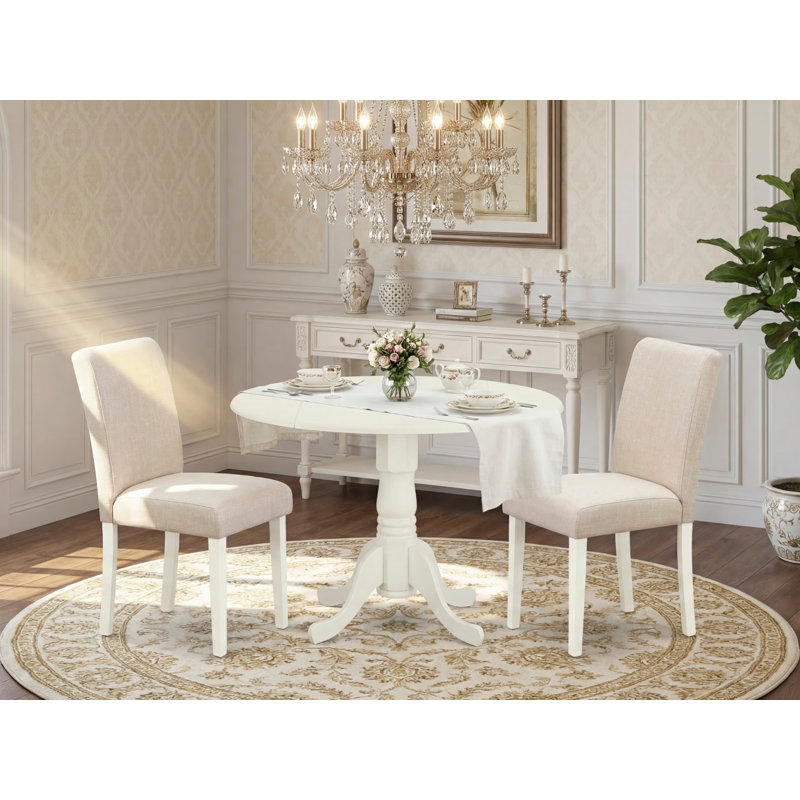 L'ensemble de table de salle à manger moderne 3 pièces comprend une table ronde en bois avec Dropleaf et 2 chaises rembourrées en tissu beige clair, 42 x 42 pouces, blanc lin