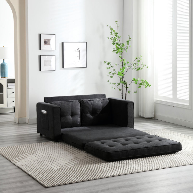 Canapé-lit convertible, futon confortable avec coussin moelleux, canapé en lin beige 3 fois gris foncé, peu encombrant, rangement en tissu