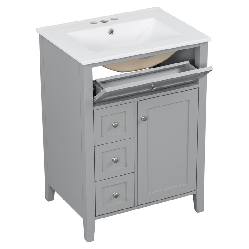 Meuble-lavabo gris 24 po avec lavabo, panneau de fibres à densité moyenne et bois d'hévéa, 3 tiroirs et armoire avec tablettes réglables