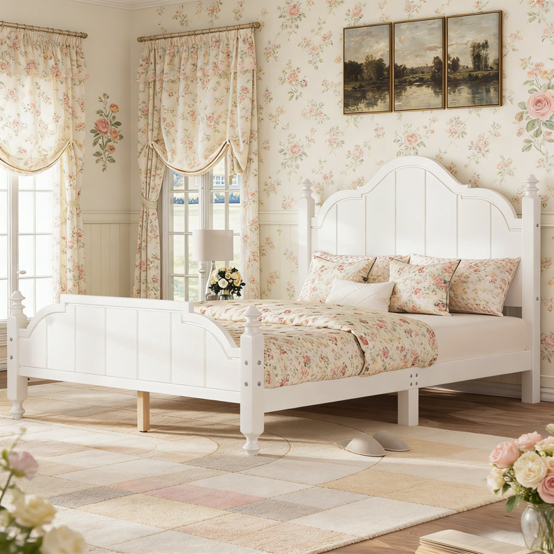  Base de lit plateforme grand lit en bois avec tête de lit courbée, support de lattes de style rétro, aucun sommier requis, blanc