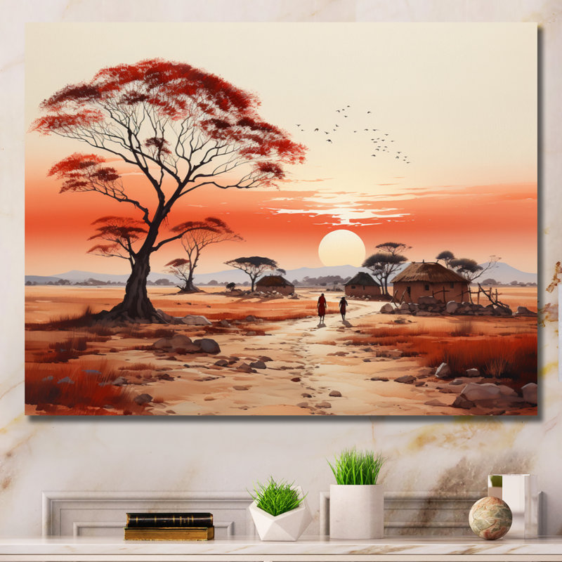 «Peach Red African Village Visions», reproduction sur toile, H 24 po x l 32 po x P 1 po, Toile tendue