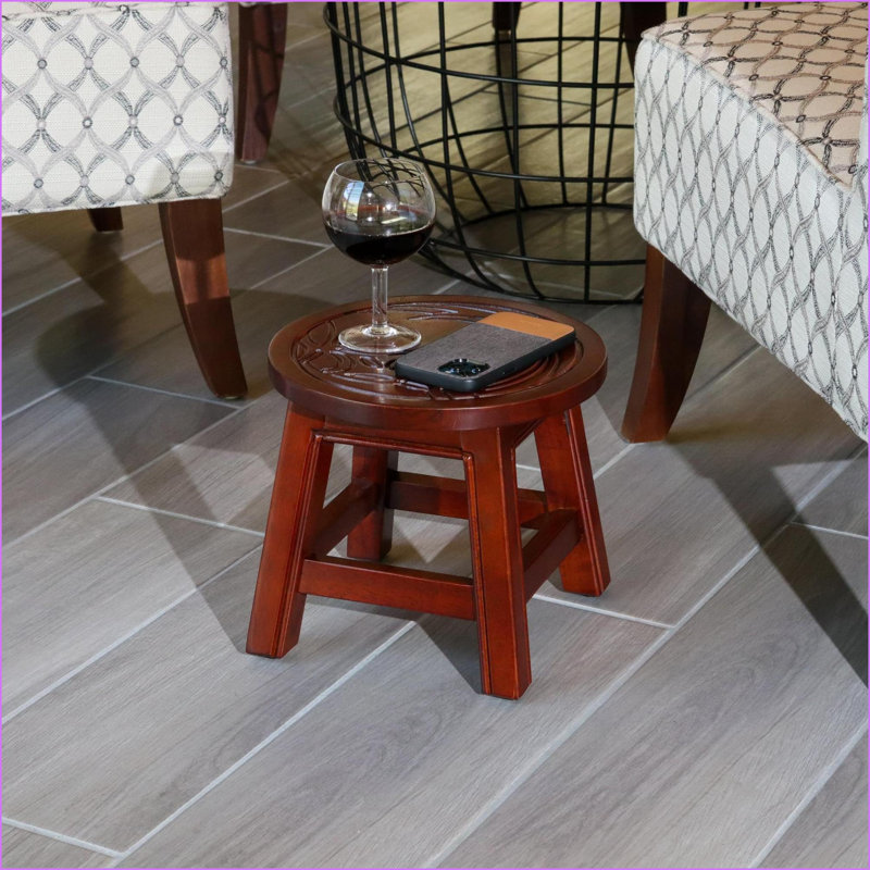 Wooden Step Stool Floral Carved Rubberwood Cherry | Ottoman Footrest Side Table | Walnut Brown | Solid Wood
