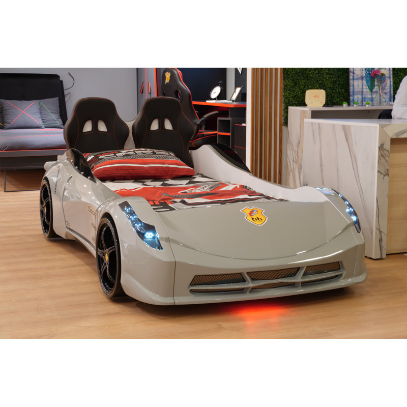 Aadyanth Twin Race Car Bed, Remote Control, LED Lights, Sound FX, Rear Seat, Gray