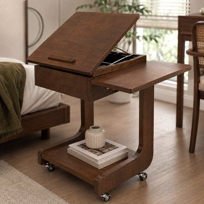 Rolling C Shaped End Table, Rotating Solid Wood Top, Laptop Stand