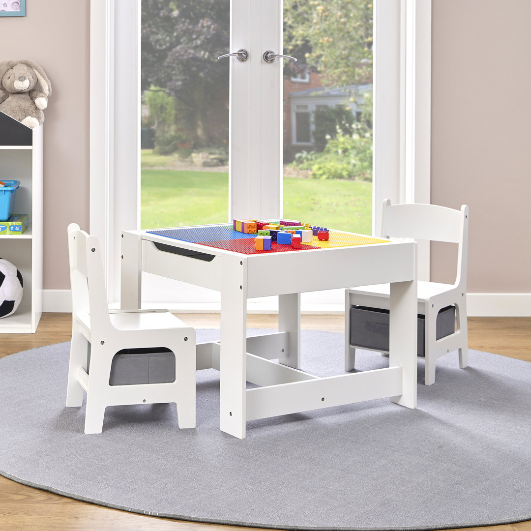 Kids Wooden Activity Table and Two Chairs with Grey Storage Bins