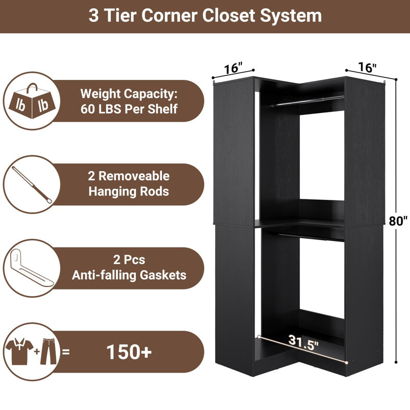 Système de placard d'angle l 32 po avec tringle, Noir
