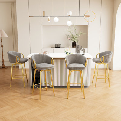 De 4 chaises grises et dorées en velours pivotant à 360 °, confortables et faciles à entretenir, pour des utilisations multiples. Chaises de bar pivotantes 4 pièces, modernes et confortables, convenant à divers endroits, gris et or, assemblage propre