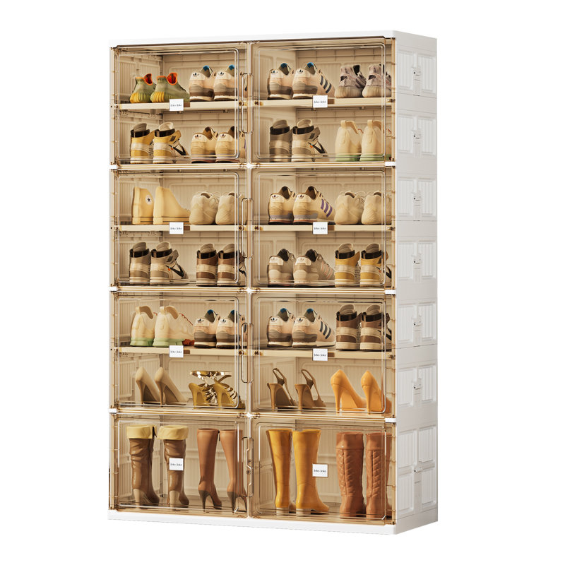  7 Tiers Foldable Boot And Shoe Storage Rack Cabinet For Closet Entryway, Large Collapsible Shoe Organizer With Magnetic Doors