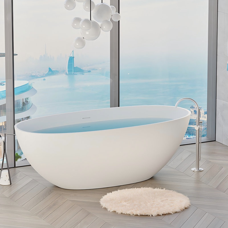 65" x 30" Freestanding Soaking Solid Surface Bathtub Stone Resin Bath Tub with Overflow, Pop-up Drain, Matte White