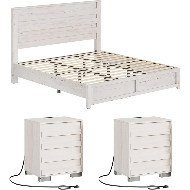 Ensemble de chambre avec lit plateforme et table de chevet 3 pièces Louby, Blanc, Très grand