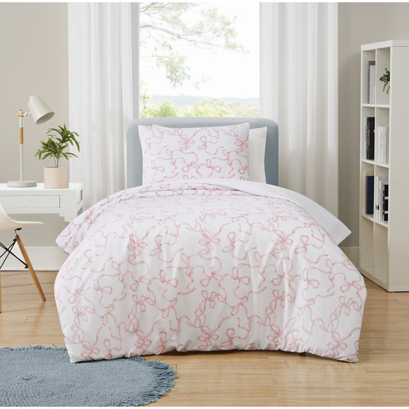 Truly Soft Printed Bow Microfiber Comforter Sets, Twin Comforter + 1 Sham , White/Pink
