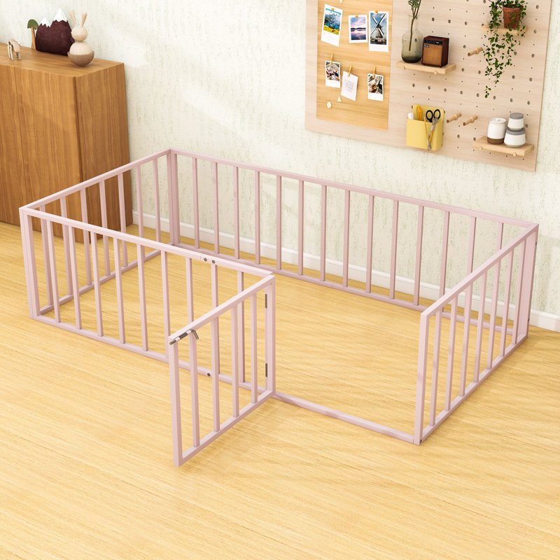 Elegant Metal Floor Bed With Door And Safety Fence Design, Twin, Pink