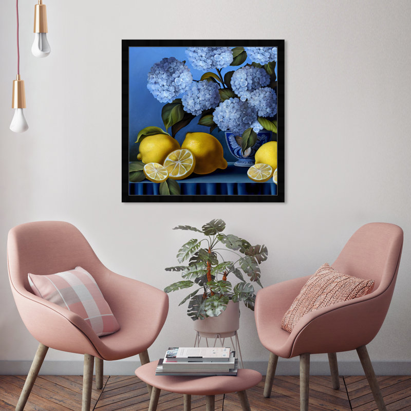 «Hydrangeas and Lemons Vase», cadre photo, Cadre noir, H 26 po x l 26 po