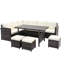 Ensemble repas d'extérieur, 7 ou 9 places, coussins beiges, poufs et table rectangulaire pour des moments de détente dans votre jardin.