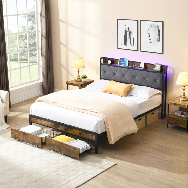Très grand lit avec rangement, cadre de lit avec lumières DEL, tête de lit tapissier et 2 tiroirs, port USB et station de charge, aucun sommier nécessaire, assemblage facile, très grand lit