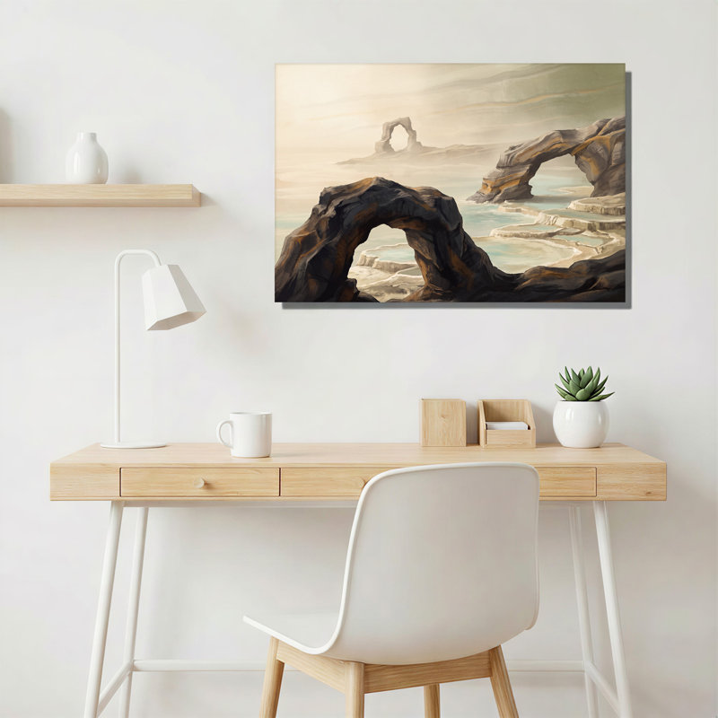 Arches rocheuses sombres surplombant des bassins d'eau en terrasses - Tableau sur toile, 20"H x 30"W