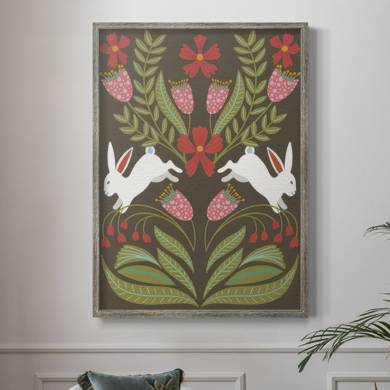 Folk Flower and Rabbit I Framed Print - Solid Wood, 21" H x 17" W