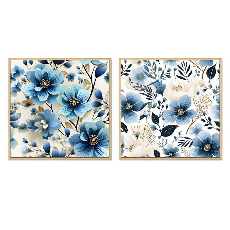Crawfordville - Ensemble de 2 collages floraux carrés, Cadre flottant brun, H 36 po x l 73 po