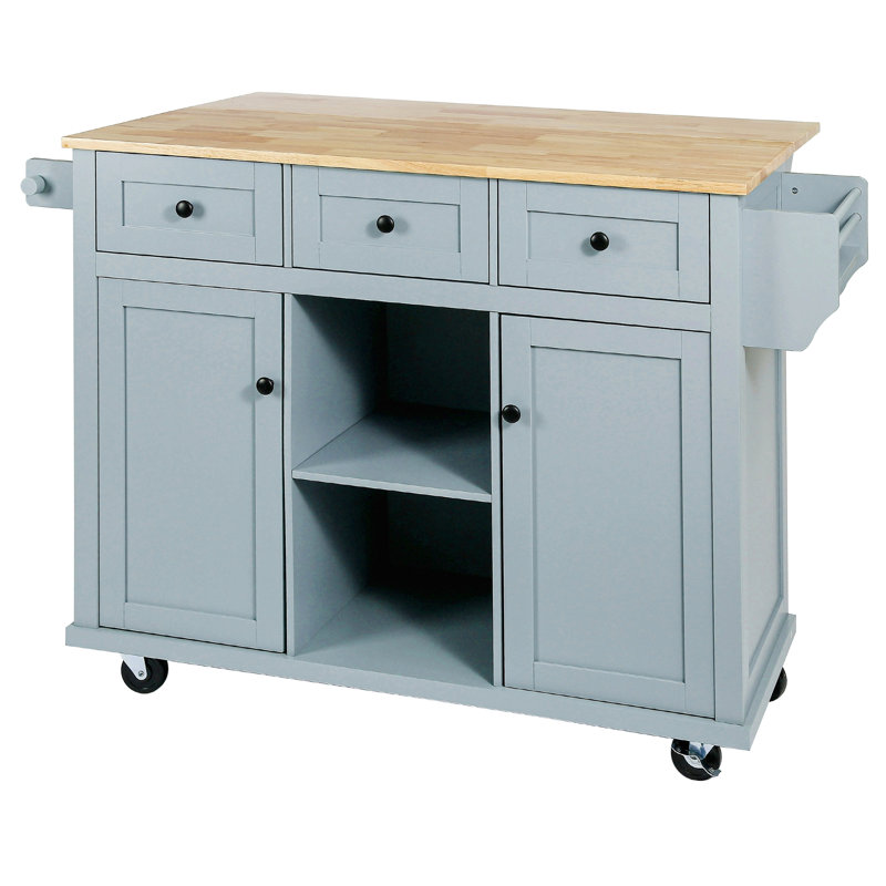 Kitchen Cart With Rubber Wood Drop-Leaf Countertop ,Cabinet Door Internal Storage Racks,Kitchen Island On 5 Wheels With Storage Cabinet And 3 Drawers For Dinning Room