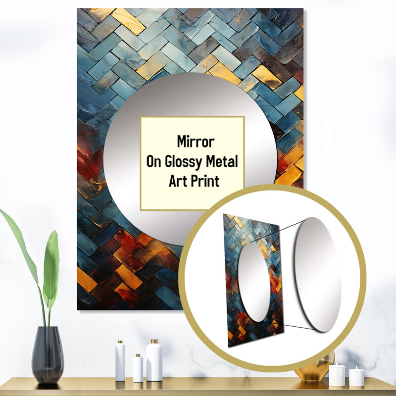 Carreaux cubiques abstraits jaunes et bleus - Miroir mural unique, moderne, impression sur métal, 40 po x 30 po