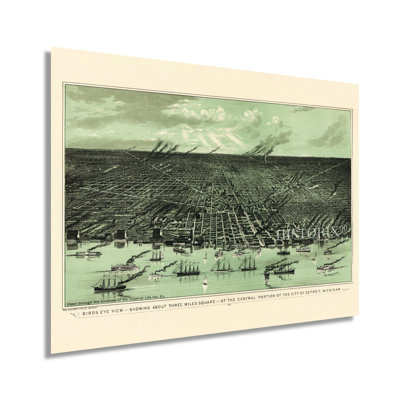 1889, Detroit, Michigan, carte - art mural rétro de Détroit - carte historique de la ville de Detroit - vue d'oiseau de la ville de Detroit, affiche d'art mural