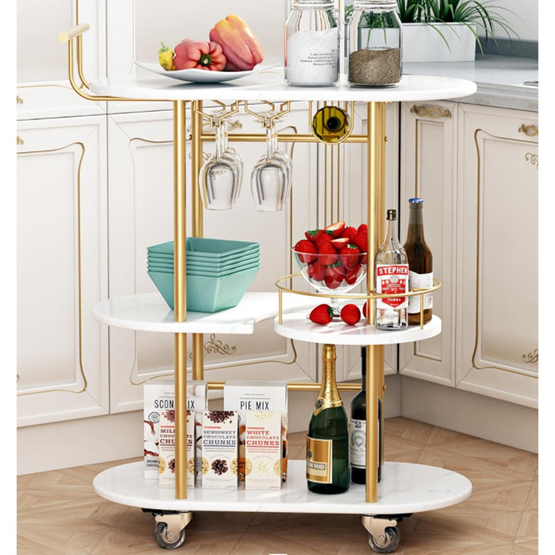 3 Tier Gold Bar Carts For Home Bar Serving Cart With Wheels, Hea...