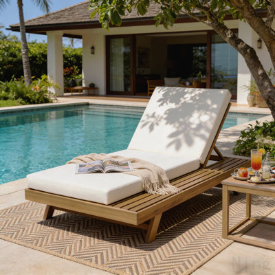 Lounge Chaise Set, Space Available On One Side, Acacia Wood In Light Brown With Water-Resistant Lounge Cushions (Cream & 4 Inch Thick) – Matching Dark Grey Version Available