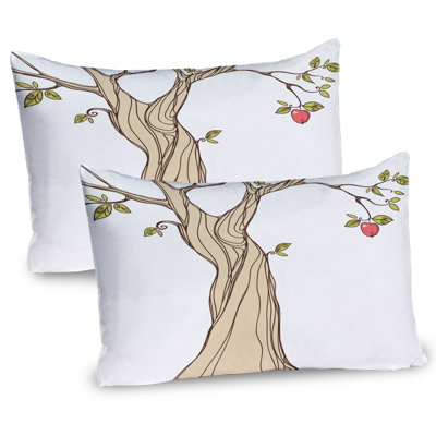 Ambesonne Cartoon Pillow Sham 2 Pack Apple Tree with Leaves Art Beige Green Coral -  pil-2_6937_26x20