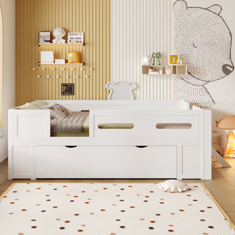 Wood Full Size Platform Bed with Guardrail and Drawer, White, Full, White