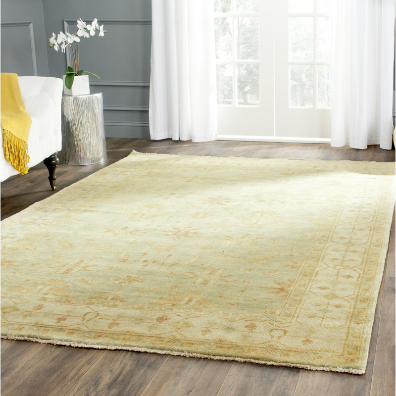Oushak Oriental Hand-Knotted Wool Soft Green/Ivory Area Rug, Rectangle 4' x 6'