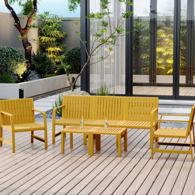 Mobilier de patio 5 pièces 3 places, 2 chaises, tables basses, jaune, structure rouille, Pp toutes saisons, configuration 30 minutes, disposition peu encombrante, sièges respirants