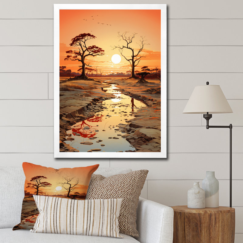 Orange, beige, vallée d'Afrique sur toile, Cadre simple blanc, H 44 po x l 34 po x P 1,5 po