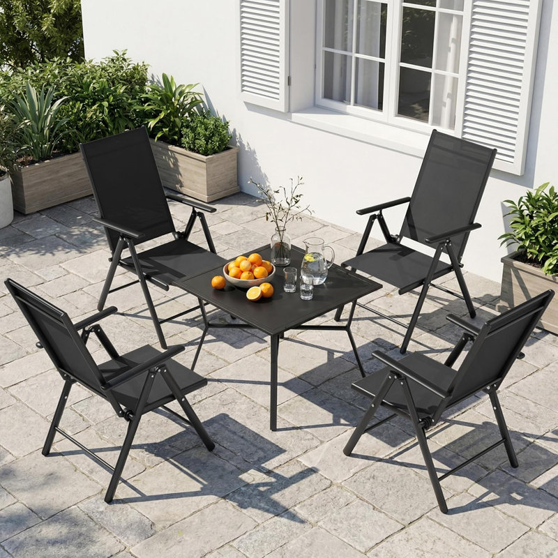Foldable Outdoor Garden Dining Chairs, 7-Level Adjustable Reclining Backrest with Armrests, Black