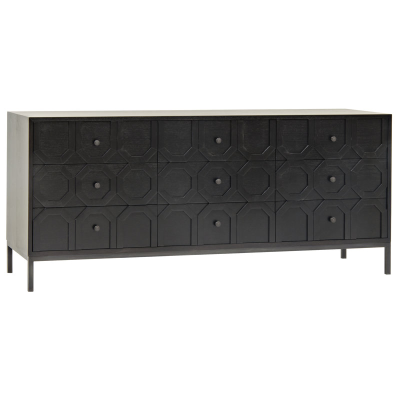 Buffet 9 tiroirs Hadley, noyer / acier, Noir gomme laque