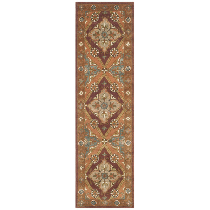 Tapis en laine, coton et latex rouille à motif floral touffeté à la main Ezell, Tapis de couloir 2 pi 3 po x 8 pi