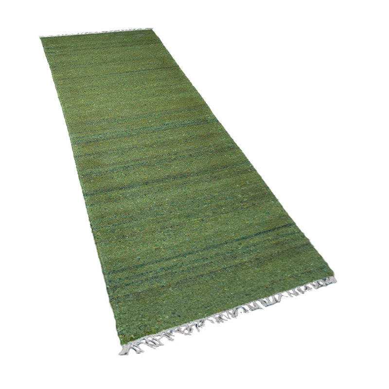 Hand Woven Solid Green Cotton & Polyester Runner Indoor Area Rug, Runner 2'6" x 8'