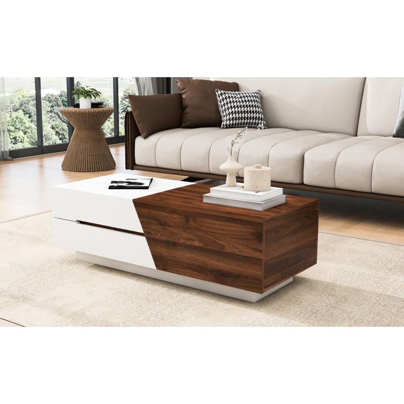 Table basse extensible avec plateau coulissant et espace de rangement blanc et noyer - Moderne, rectangulaire, caché