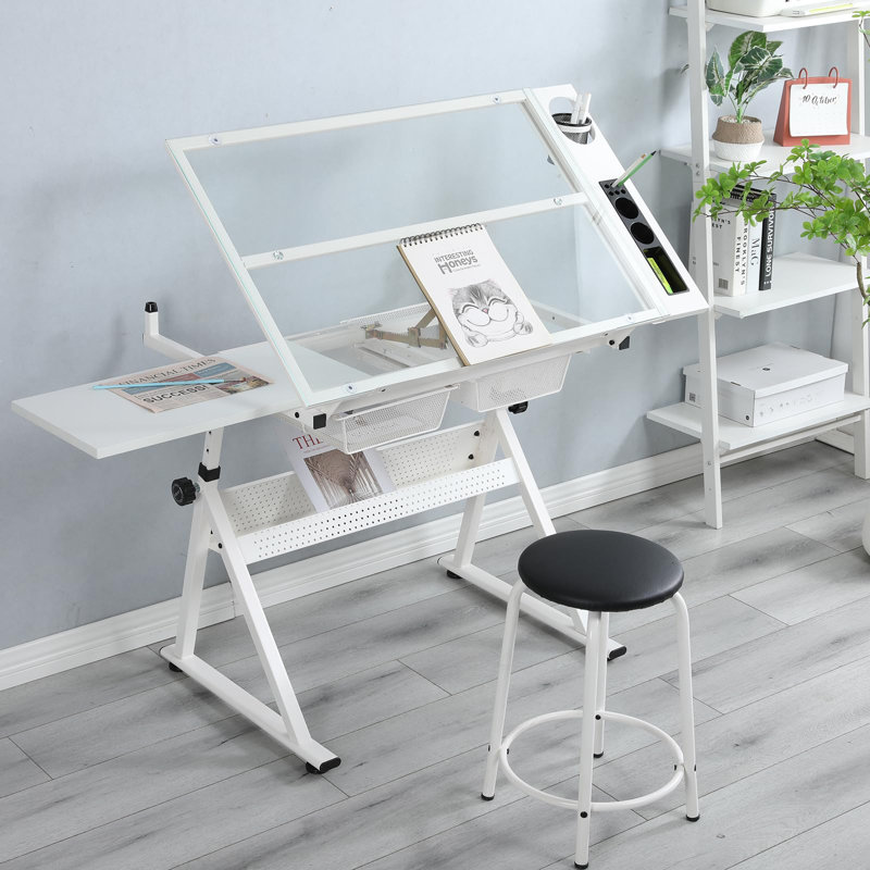 Table à dessin à hauteur réglable avec tabouret, bureau de dessin multifonctionnel avec plateau en verre inclinable et 2 tiroirs de rangement pour l'art, l'artisanat, la peinture, le bureau personnel - blanc