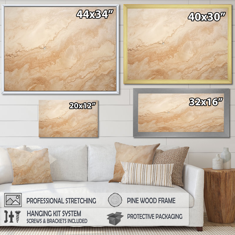 Crème marbré Melody V - art mural abstrait, salon, 24" H x 32" W, Cadre flottant doré