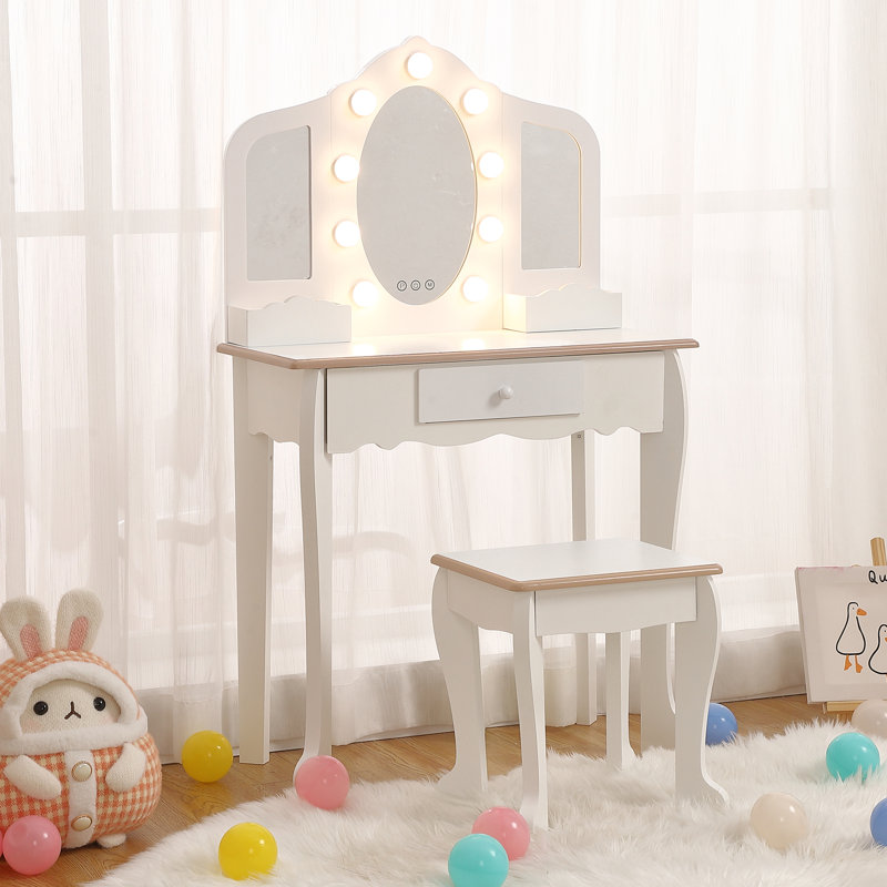 Ensemble de coiffeuse pour enfants avec miroir triptyque lumineux, coiffeuse princesse en bois avec tiroir et tabouret, coiffeuse de maquillage pour jeux d'imitation pour petites filles, blanc
