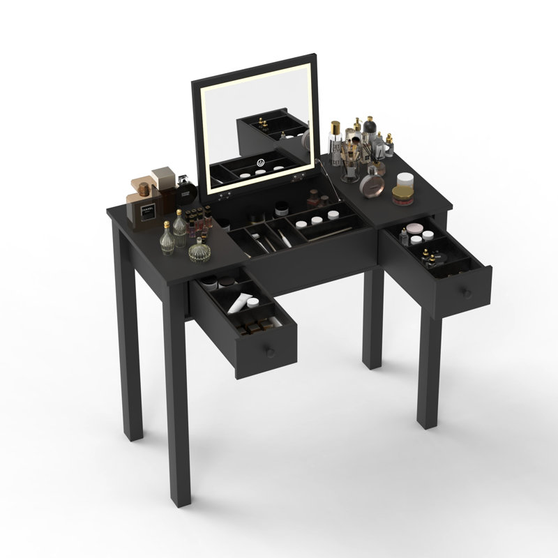 Coiffeuse noire avec lumières à DEL et miroir rabattable, 2 tiroirs, grand espace pour ranger les bijoux et le maquillage des femmes