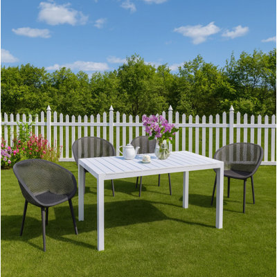 4-Pack Warm Grey Modern Lounge Chairs – Indoor/Outdoor All-Weather PP Plastic with 55 Inch White Modern Long Table - Indoor/Outdoor- Lightweight PP Tabletop with Metal