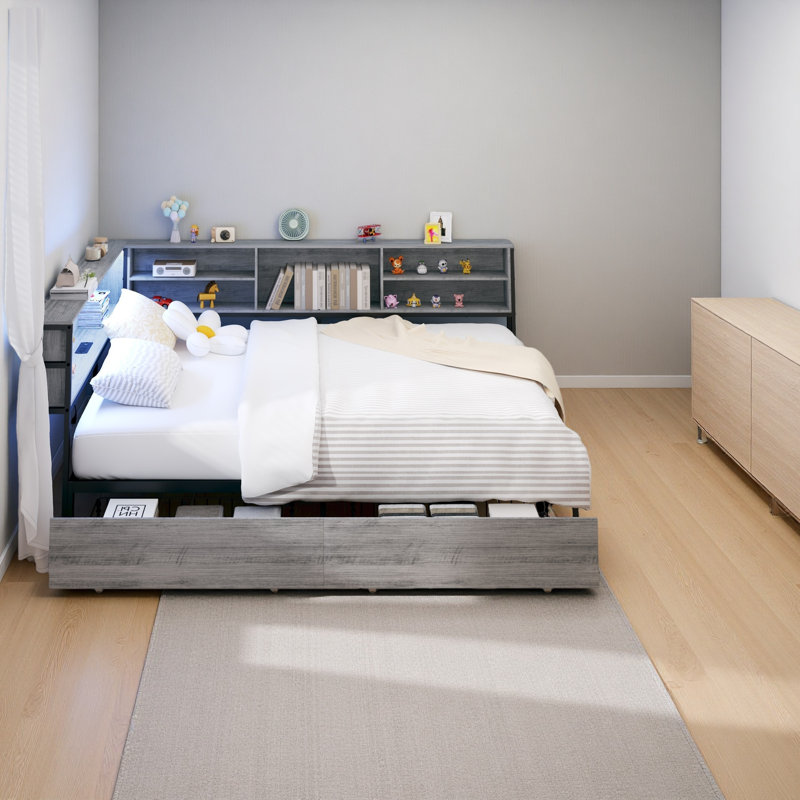 Corner Daybed With Storage Drawers, Bookcase Headboard, LED Lighting & USB Charging Station, Full